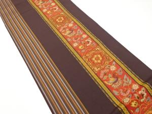 縞に花鳥更紗模様織り出し　袋帯